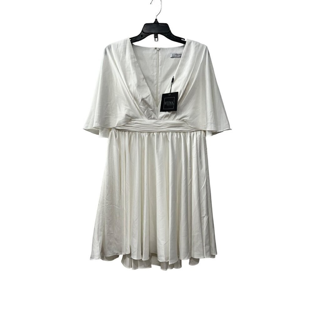 New MAC DUGGAL Size 10 SATIN FLOWY CAPE SLEEVE MINI DRESS Bridal Shower *Stains*